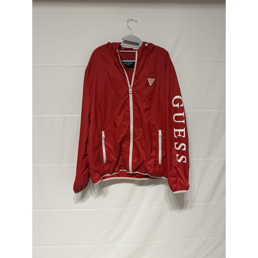 Guess Men's Red Long Sleeve Hooded Full Zip Windbreaker Jacket Size XL